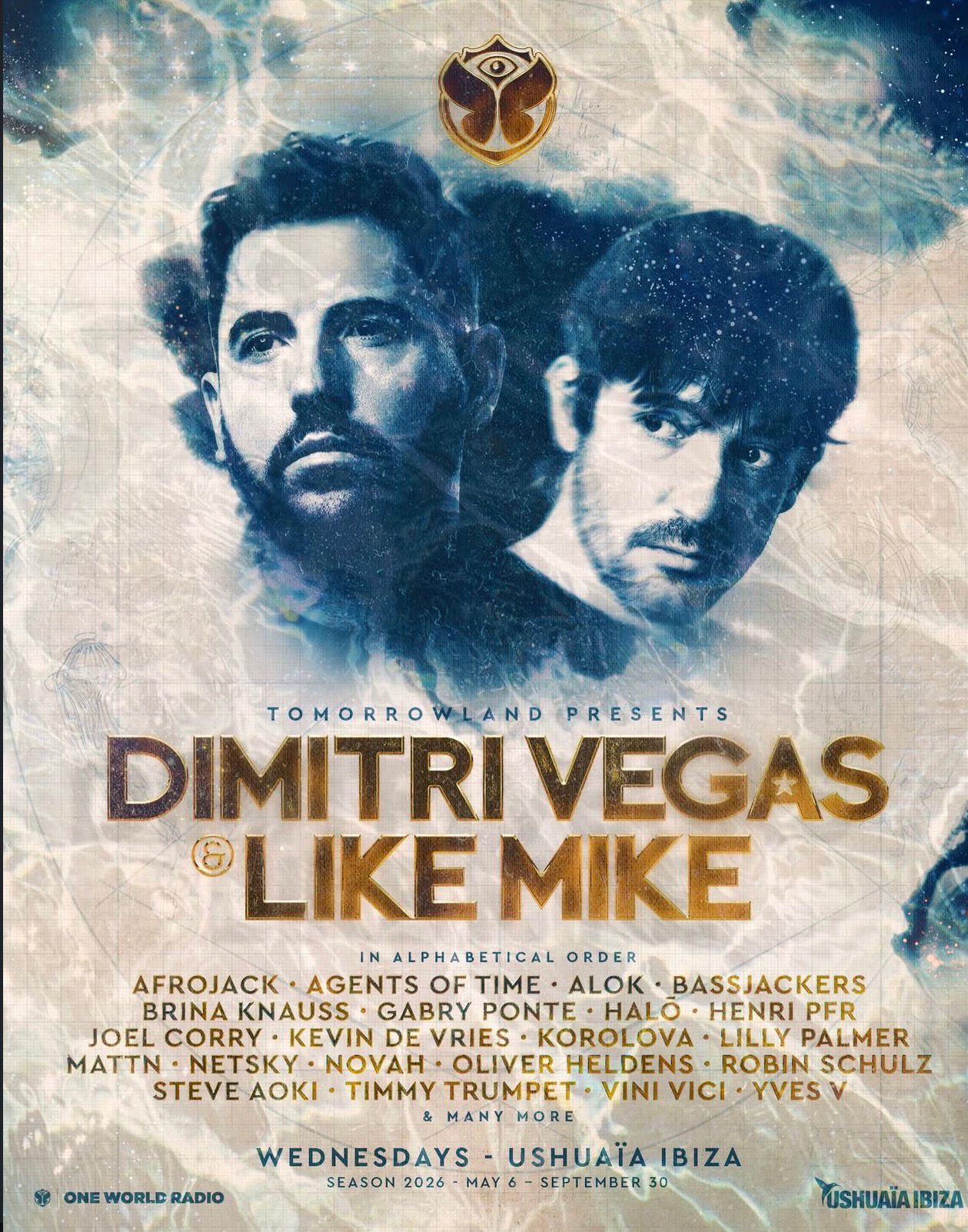Tomorrowland presents Dimitri Vegas & Like Mike Ushuaïa Ibiza 2026 — full lineup, Wednesdays May 6 – September 30